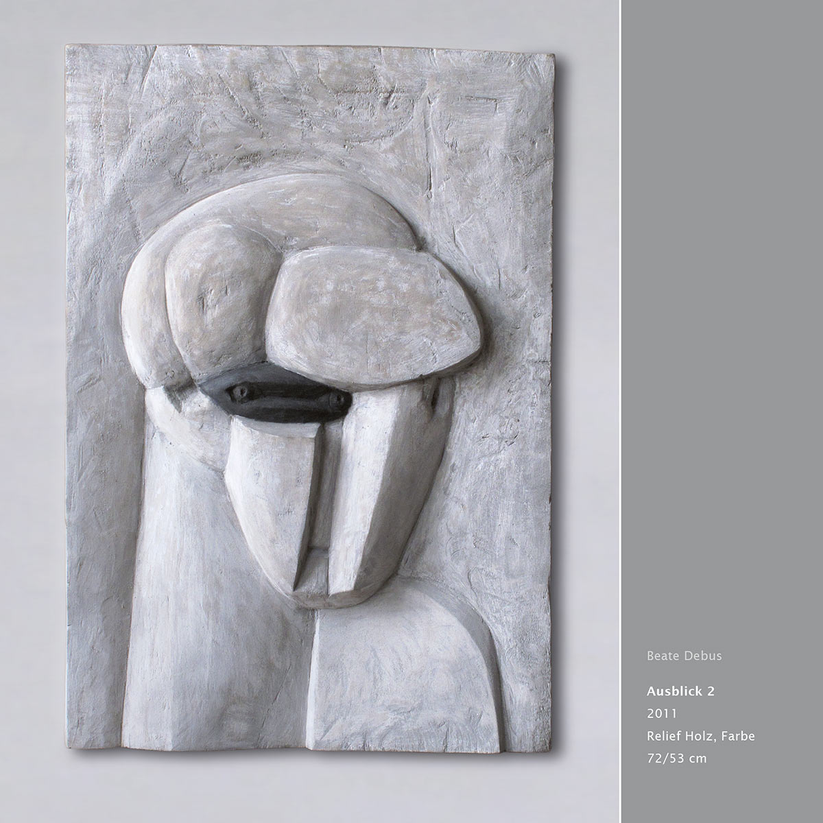 "Ausblick 2" . Holzrelief . Beate Debus "Köpfe Masken" Grafik Relief Skulptur . 2011
