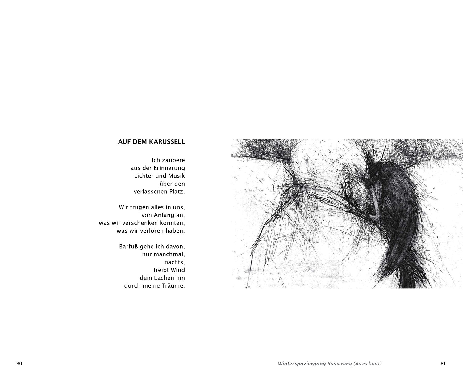 "Auf dem Karussell" . Radierung "Winterspaziergang" . Harald Lindig "Vorauseilende Abschiede" Ungereimtes . mit Grafiken von Frank Rothämel . 2012
