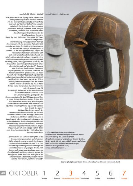 Kalenderblatt 40 (Text: Landolf Scherzer, Skulptur: Beate Debus, Foto: Manuela Hahnebach) . Literaturkalender "Thüringer Ansichten 2012" . 2011