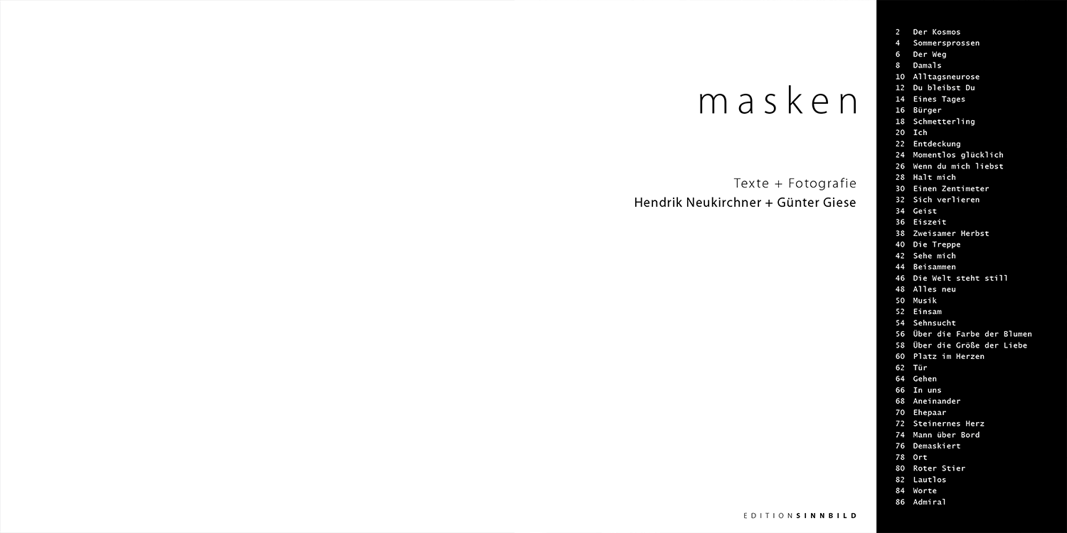 Titelseite/Inhalt . "Masken" . Texte + Fotografie . Hendrik Neukirchner + Günter Giese . 2014