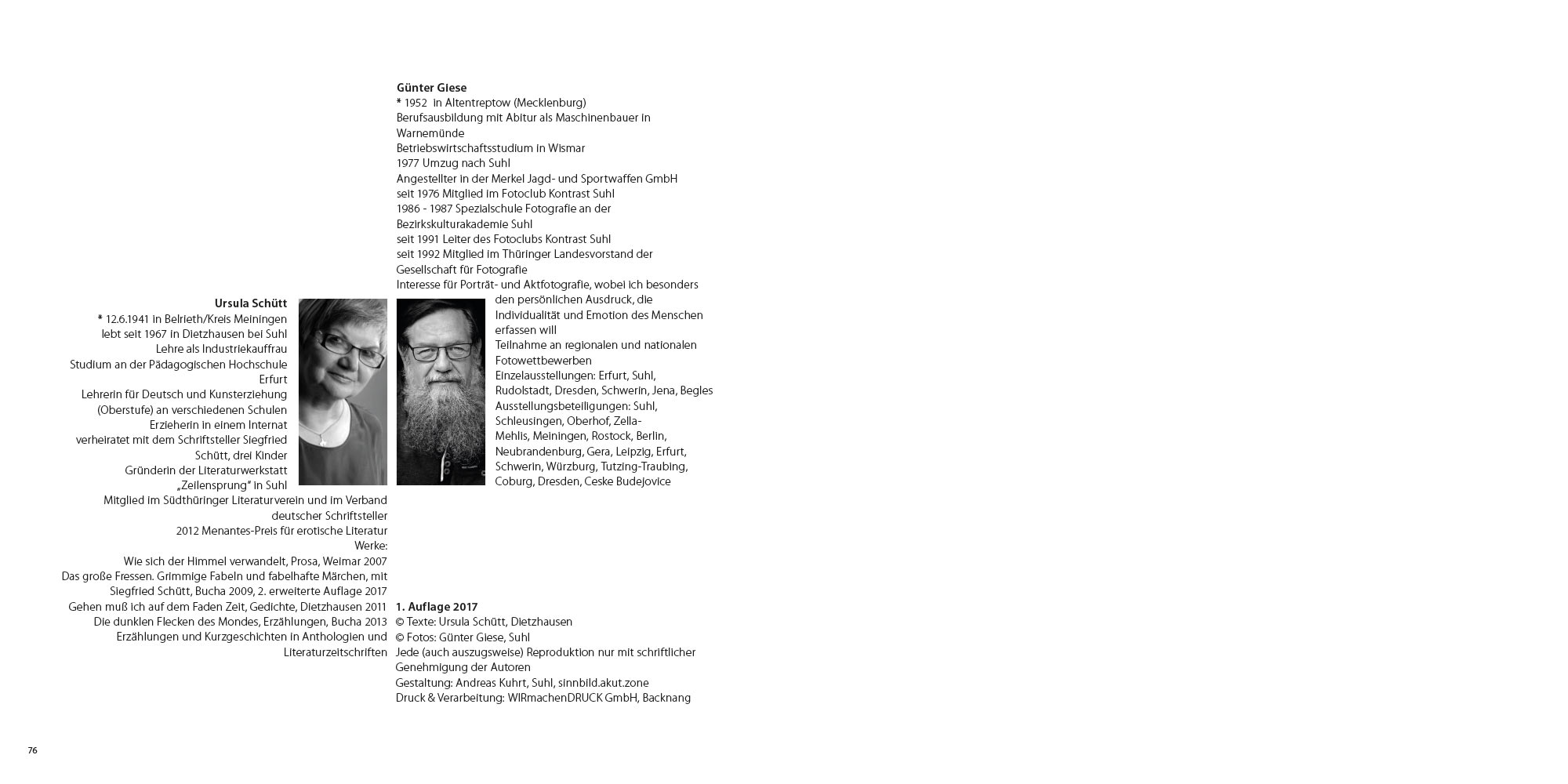 Zauber Zeichen: Impressum . Ursula Schütt Texte . Günter Giese Fotografie (Gestaltung: Edition Sinnbild Designakut 2017)