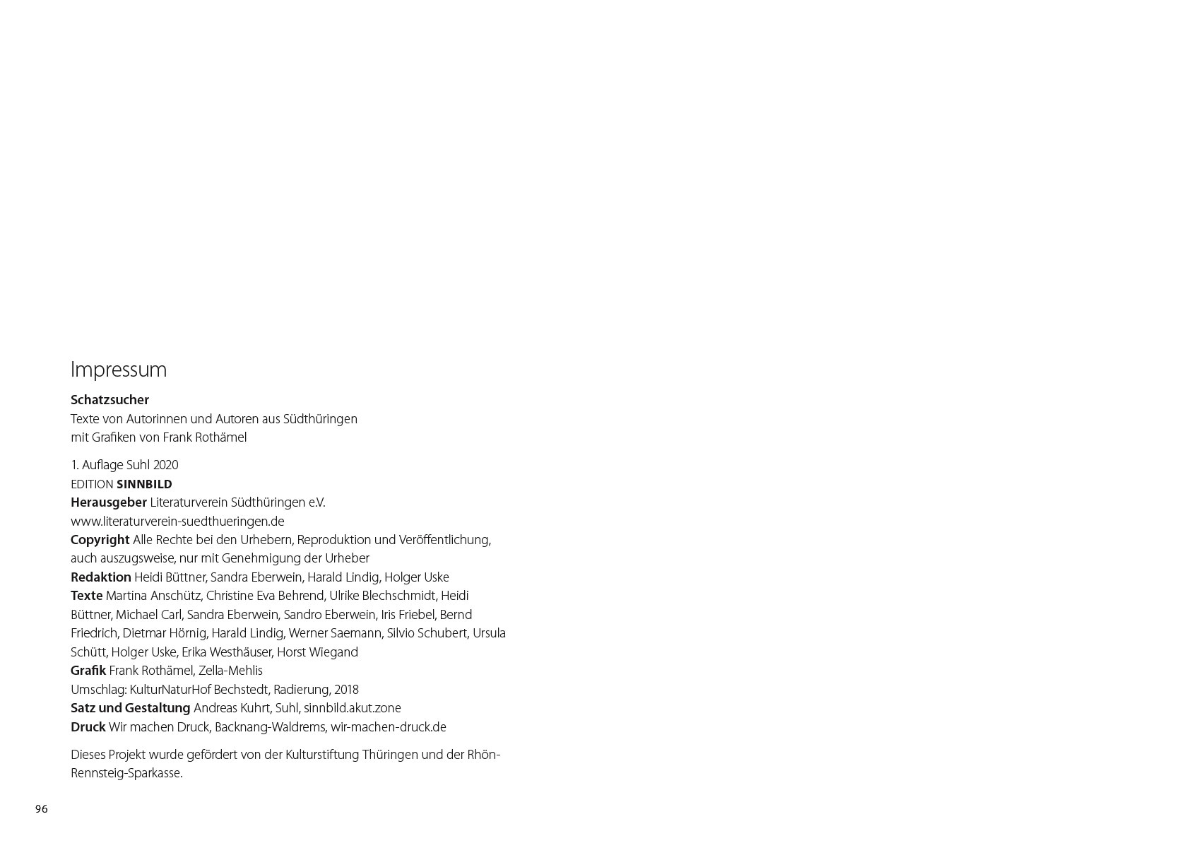 Schatzsucher: Impressum . Autoren des Südthüringer Literaturvereins mit Grafiken von Frank Rothämel (Gestaltung: Edition Sinnbild Designakut 2020)