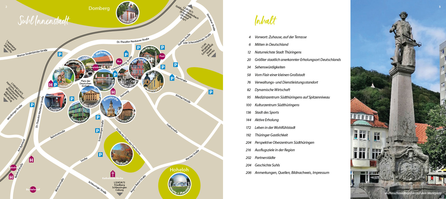2022-suhl-buch-bernd-schepeler-2-3 Bernd Schepeler: Suhl - ein Plädoyer für meine Stadt: Innenstadtkarte/Inhaltsverzeichnis (Gestaltung: design.akut.zone 2022)