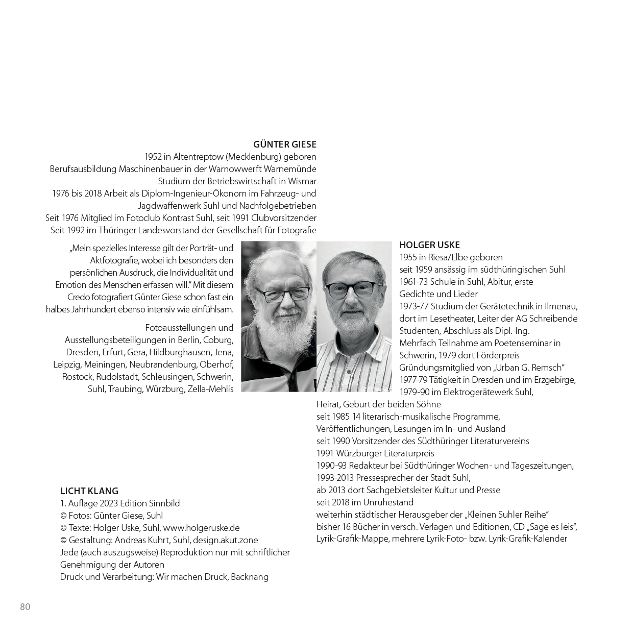 Buch: LichtKlang . Günter Giese Fotografie, Holger Uske Gedichte: Impressum (Edition Sinnbild, Gestaltung: Designakut 2023)