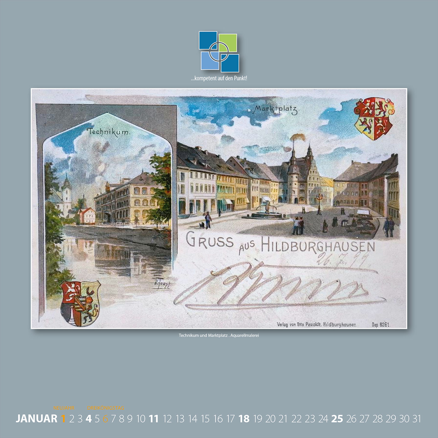 Kalender 2026: Hildburghausen auf alten Ansichtskarten: Januar (Gestaltung: Designakut für Vermessungsbüro Bartenstein Hildburghausen)