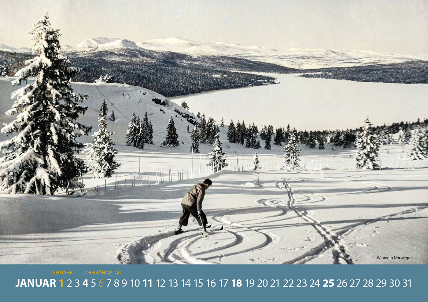 Fotokalender 2026: Historische Postkarten aus Norwegen: Januar (Foto: Carl Normanns, Bearbeitung: Jens Gutberlet, Gestaltung: Designakut)