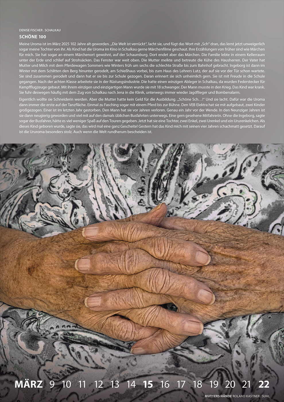 Literaturkalender Thüringer Ansichten 2026: Denise Fischer: Schöne 100 | Roland Kastner: Mutters Hände (Gestaltung: Designakut 2025)