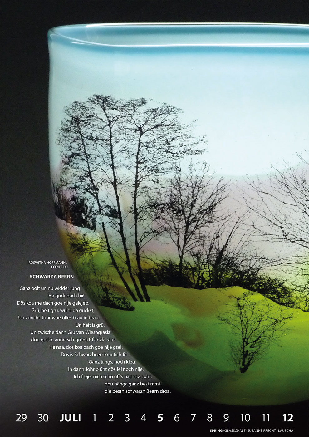 Literaturkalender Thüringer Ansichten 2026: Roswitha Hoffmann: Schwarza Beern | Susanne Precht: Spring (Glasschale) (Gestaltung: Designakut 2025)